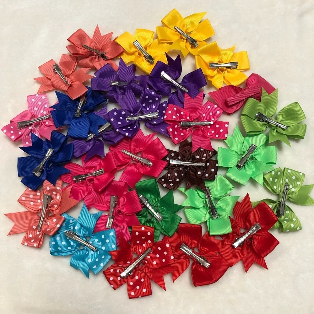 Lot Bundle Girls’ Grosgrain Colorful Bows Clips - 28 Total - Solid & Polka Dot